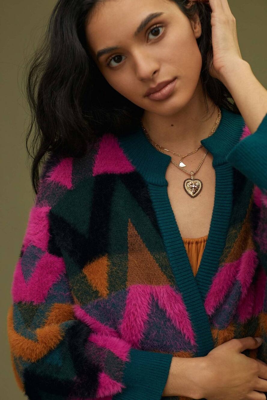 Bel Kazan Chevron Eyelash Cardigan Green - One Size